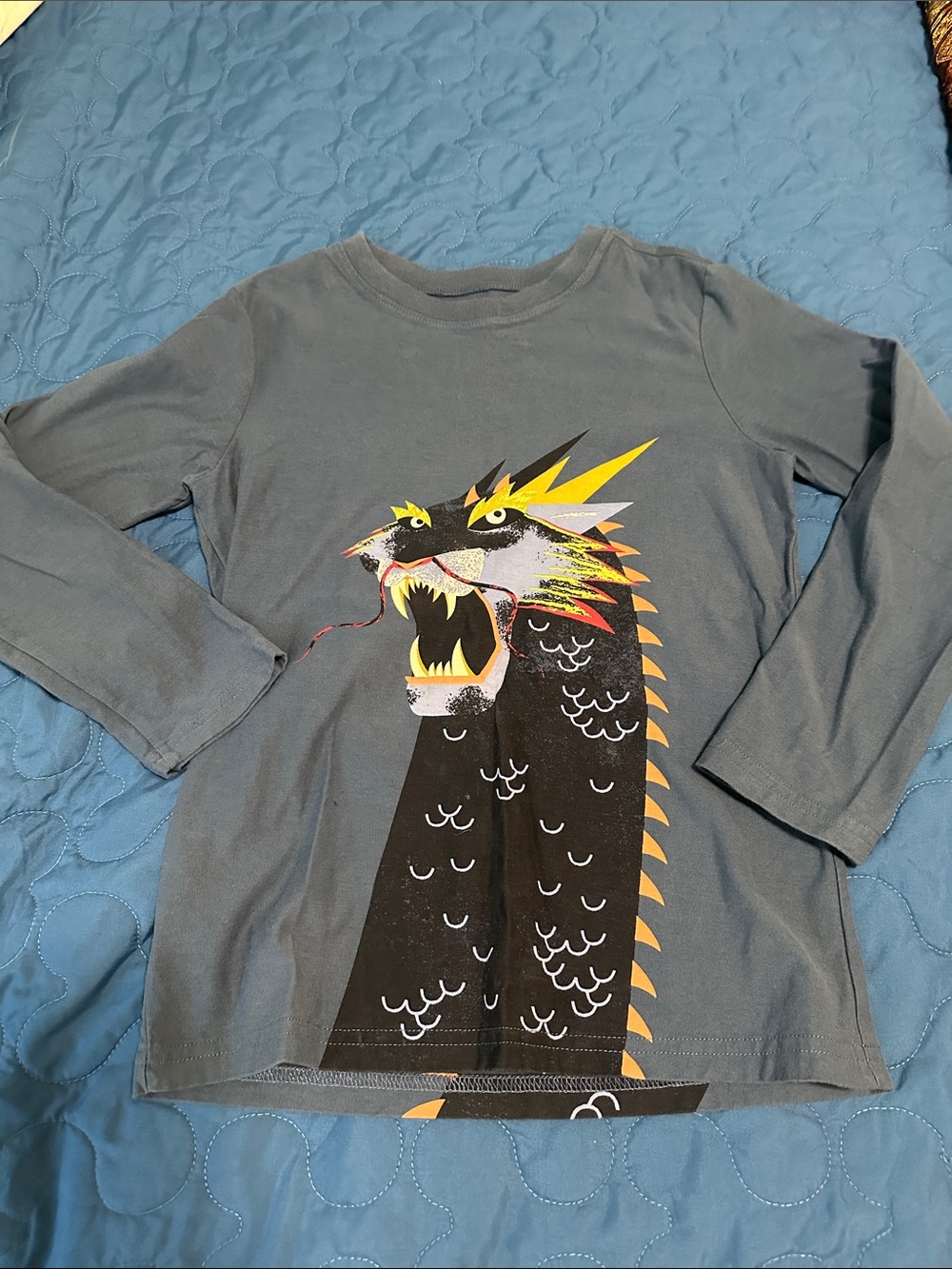 Tea Collection Blue Gray Long-Sleeve Tee with Dragon Graphic and Yellow Accents
